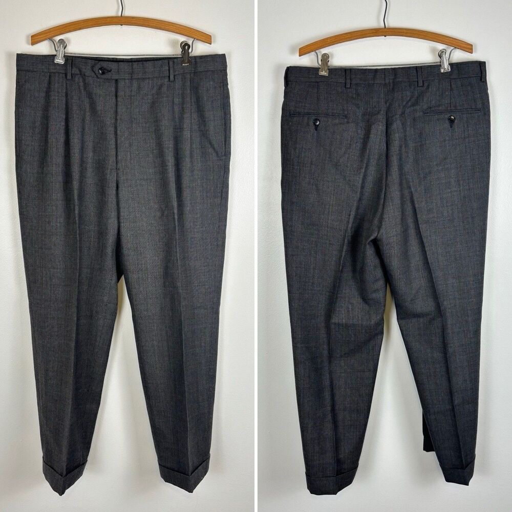 Vtg Austin Reed 37x28 Gray Glen Plaid Wool Pleated Cuffed Dress Pants READ